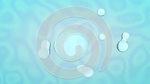 3d rendering of a blue wavy background with a large transparent sphere and small drops that merge with it. Chemical, abstract