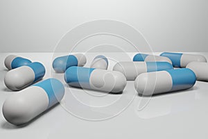 3D rendering blue and white capsules pills.