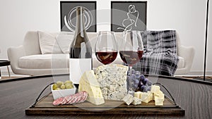 3D rendering of a board with cheese and wine on it with a sofa and pictures on the background