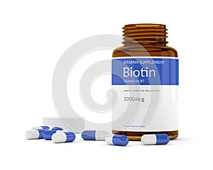 3d rendering of bottle with vitamin B7 pills