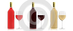 3d rendering bottles and glasses of wine on white background