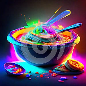 3d rendering of a bowl full of colorful ice cream with a spoon in it AI Generated