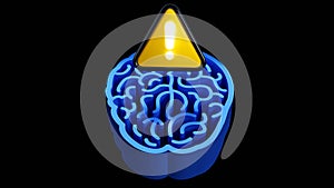 3D rendering of brain with an exclamation mark, attention, problem,danger, Warning sign in human mind concept