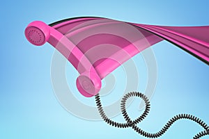 3d rendering of bright purple retro phone receiver with black wire, leaving pixel stretch trail behind it on light blue