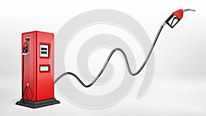 3d rendering of a bright red fuel pump in side view on white background with a large nozzle attached to it white