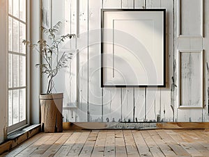 3d rendering of a bright and sunny living room interior with a large blank frame on the wall