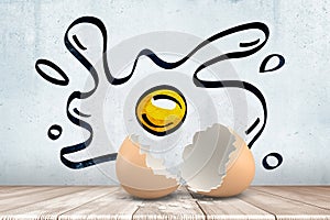 3d rendering of broken egg shell with cartoon yolk and white on white wall background