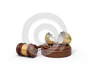 3d rendering of broken golden eggshell on round wooden block and brown wooden gavel