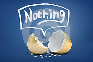 3d rendering of broken golden eggshell with the title `Nothing` above.