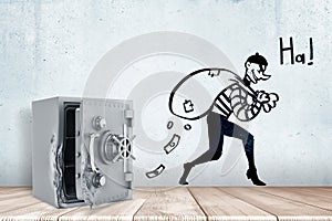 3d rendering of broken open safe vault on white wooden floor and cartoon robber with money bag and `HA` sign on white