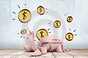 3d rendering of broken piggy bank on wooden floor against wall background with yellow coins drawn on it.