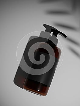 3d rendering Brown and black plastic shampoo bottle mock up. put on the wall under the sun. Blank plastic containers