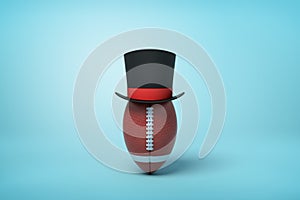 3d rendering of brown oval ball wearing black tophat with much copy space on the rest of light blue background.