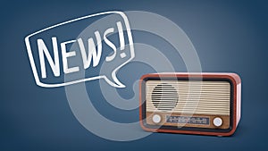 3d rendering of a brown retro radio set on a blue background with a chalk drawn speech bubble holding a word News inside