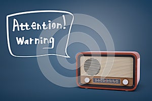 3d rendering of brown retro radio set near a speech bubble with words Attention and Warning inside of it.