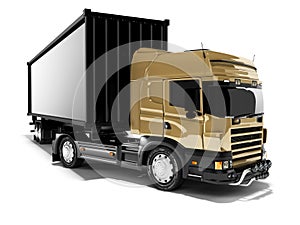 3D rendering brown road freight dumper with black semi trailer front view on white background with shadow