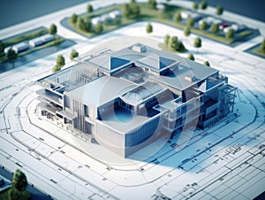 3d rendering of a building on top of a blueprint