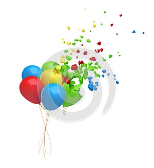 3d rendering of bundle of colorful balloons in the air starting to break into pieces and disappear isolated on white