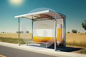 3d rendering of a bus stop on a rural road in the countryside