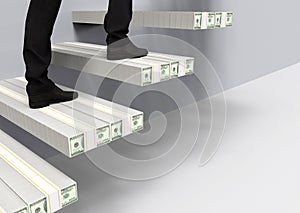 3d rendering. a business man who climbing up on US hundred dollars stack stairs to the success in economic goal