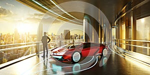 3D rendering Businessman standing next to luxury sports car admiring amazing sunrise city skyline