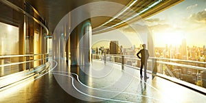 3D rendering Businessman standing outside luxury office admiring stunning sunrise city skyline