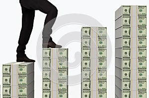 3d rendering. a businessman walking up on us dollar banknote stack stairs. saving money or success in business concept