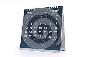 3D Rendering - Calendar for january 2021 with fireworks theme.