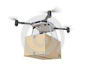 3d rendering of camera drone carrying big cardboard box isolated on white background.
