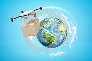 3d rendering of camera drone carrying cardboard box and flying high above Earth globe which is far behind in distance in
