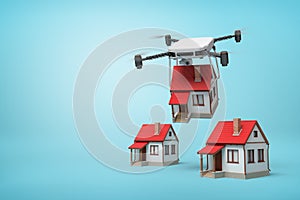 3d rendering of camera drone carrying small cottage and putting it down to two identic cottages standing on light blue