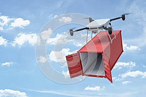 3d rendering of camera quadcopter carrying small open empty red cargo container in blue sky.