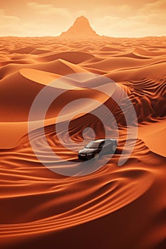 3D rendering of a car in the desert with sand dunes