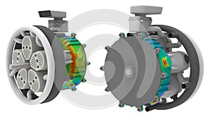 3D rendering - car engine with turbo charger finite element analysis