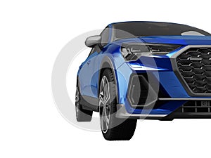 3D rendering of car in front blue on white background with shadows no traveling