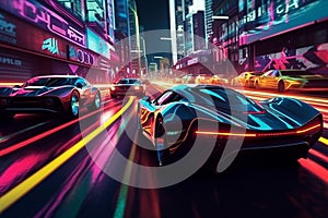 3D rendering of a car on the road in the city at night concept of speed and motion Ai Generative