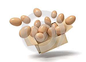 3d rendering of cardboard box in air full of chicken eggs flying out from it.