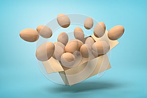 3d rendering of cardboard box in air full of chicken eggs flying out from it on light-blue background.