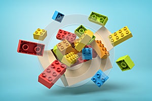 3d rendering of cardboard box in air full of colorful toy bricks which are flying out and floating outside on blue