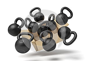 3d rendering of cardboard box in air full of several black kettlebells which are flying out and floating outside.