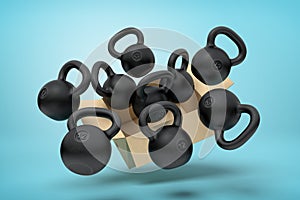 3d rendering of cardboard box in air full of several black kettlebells which are flying out and floating outside on blue