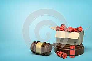 3d rendering of cardboard box full of dynamite standing on sounding block with judge gavel lying beside block on light