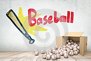 3d rendering of cardboard box lying sidelong with baseballs scattering out of it near grungy wall with drawing of bat