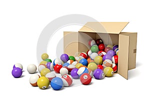 3d rendering of cardboard box lying sidelong with colorful snooker balls inside and in front of it.