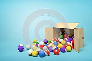 3d rendering of cardboard box lying sidelong with colorful snooker balls inside and in front of it on light-blue