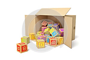 3d rendering of cardboard box lying sidelong full of ABC blocks.