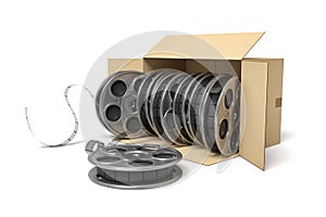 3d rendering of cardboard box lying sidelong full of film reels.