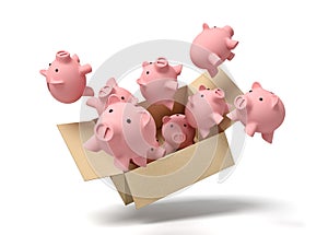 3d rendering of cardboard box lying sidelong full of pink ceramic piggy banks.