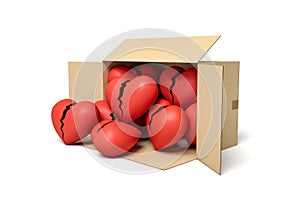 3d rendering of cardboard box lying sidelong full of red broken hearts.