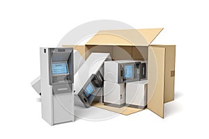 3d rendering of cardboard box lying sidelong with several ATMs inside and some outside.